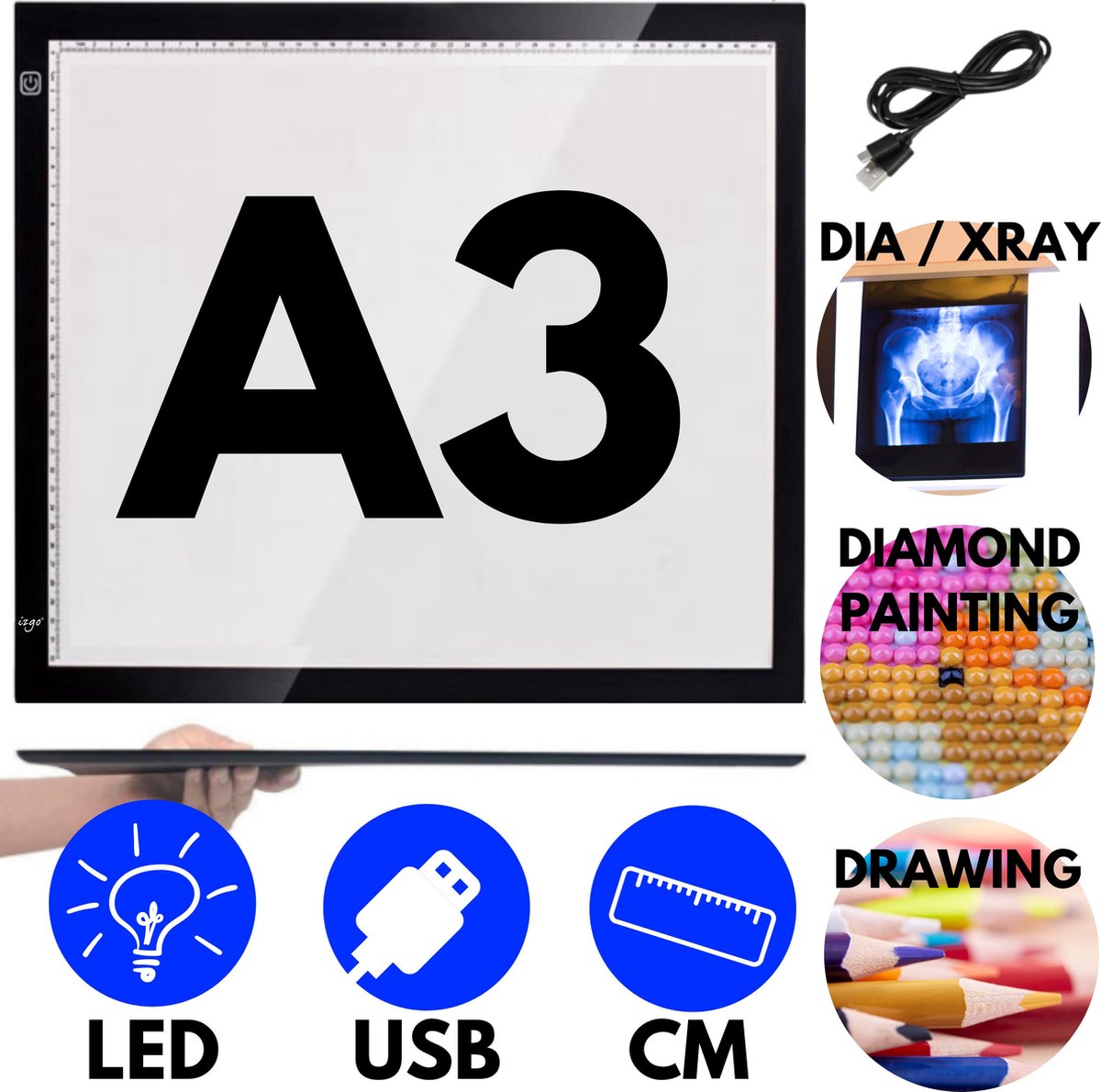 LED Lightpad A3 USB|Diamond painting voor volwassenen|3 standen|Lichtbord met Liniaal